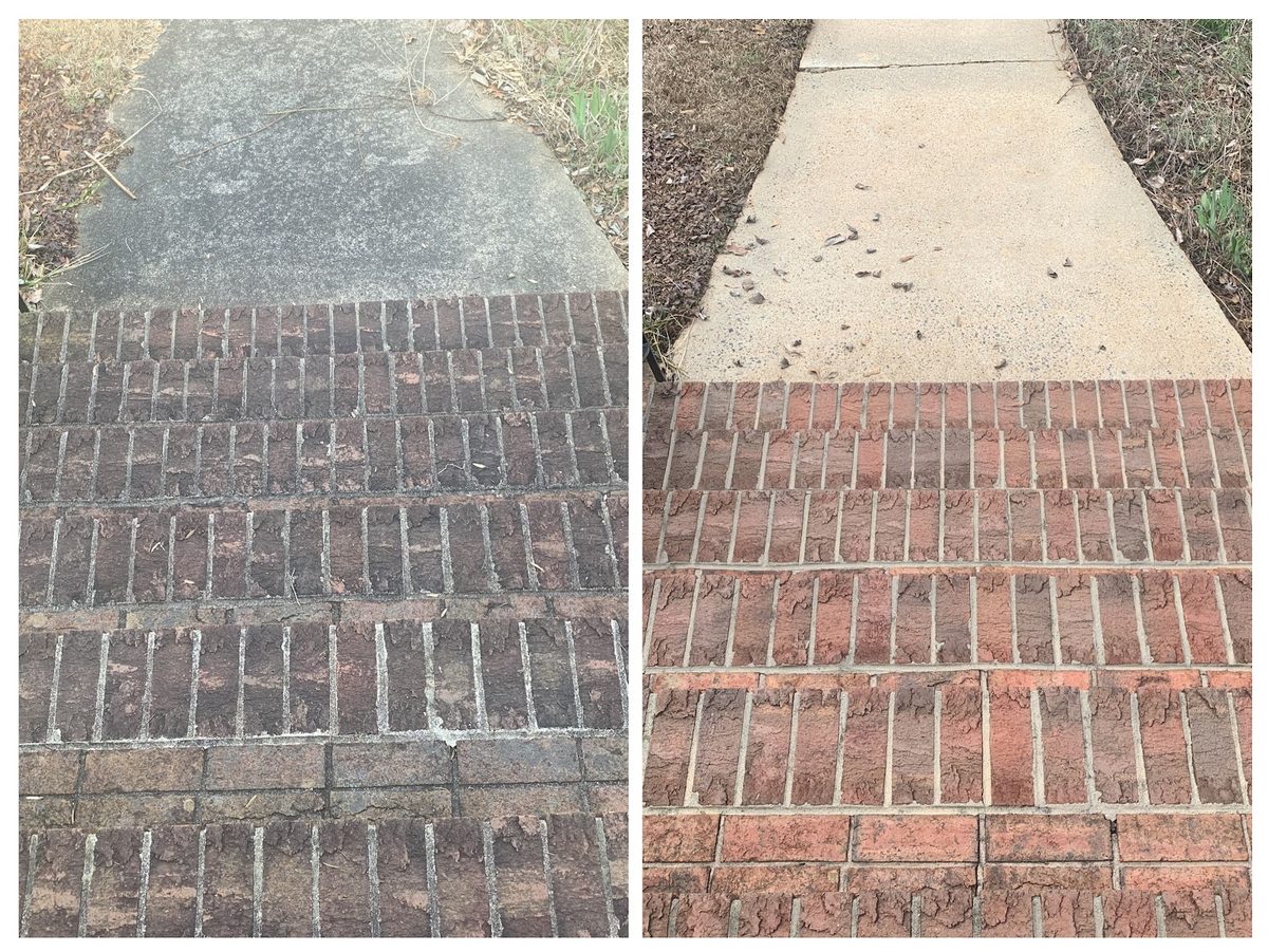 Before and after: brick walkway cleaned back to its original red color