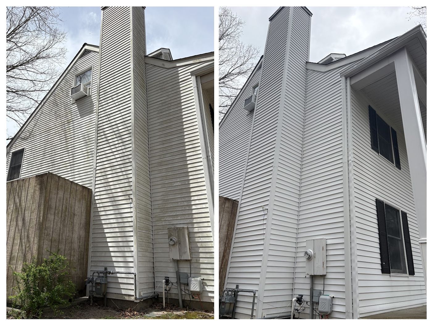 Before and after of algae removed from an exterior wall and roofline
